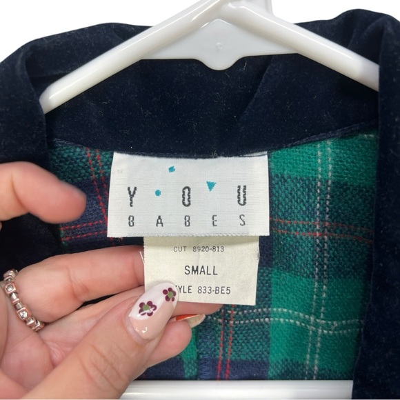 VTG 90's YOU BABES Green Blue Red Plaid Wool Blazer with Lace Cuffs Sz Small - Picture 6 of 10